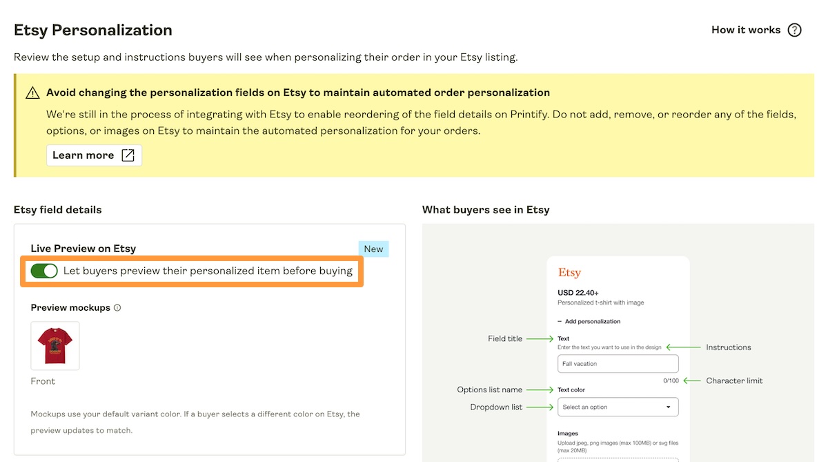 Let buyers preview their personalized item before buying checkbox when publishing an eligible product from Printify.