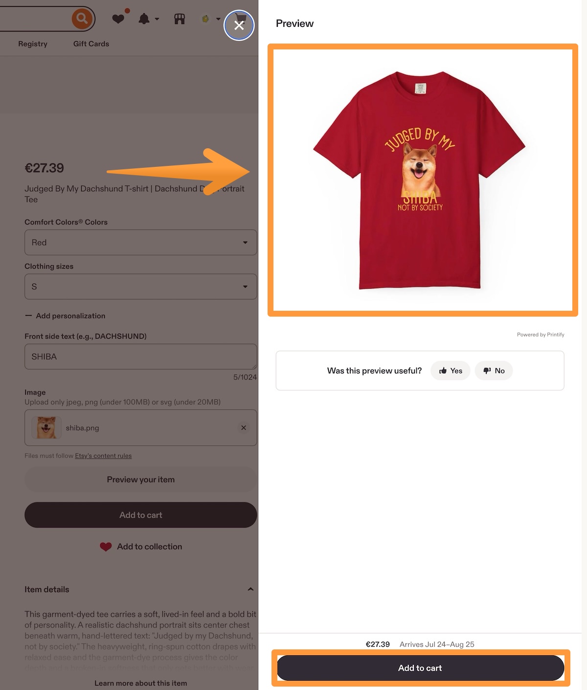 Side drawer in Etsy showing a live rendered mockup of the product with the buyer's personalization details.
