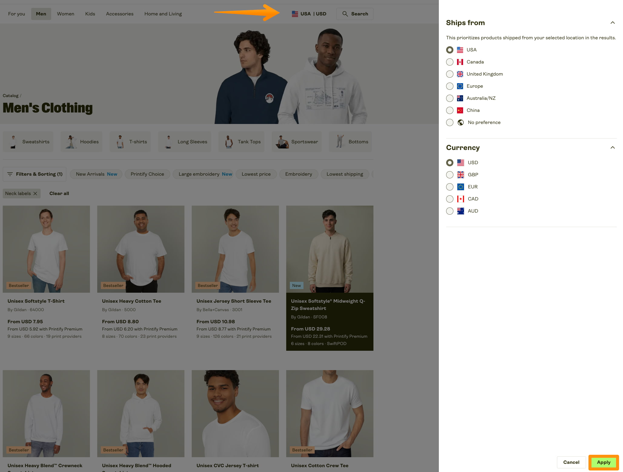 Image displaying the catalog currency selection settings in the Printify Dashboard.