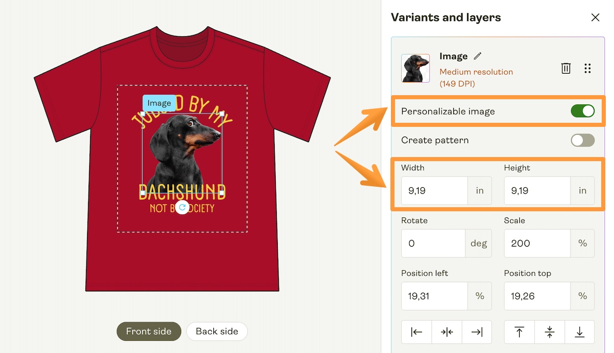 Personalizable image layer in Product Creator with layer options highlighted.