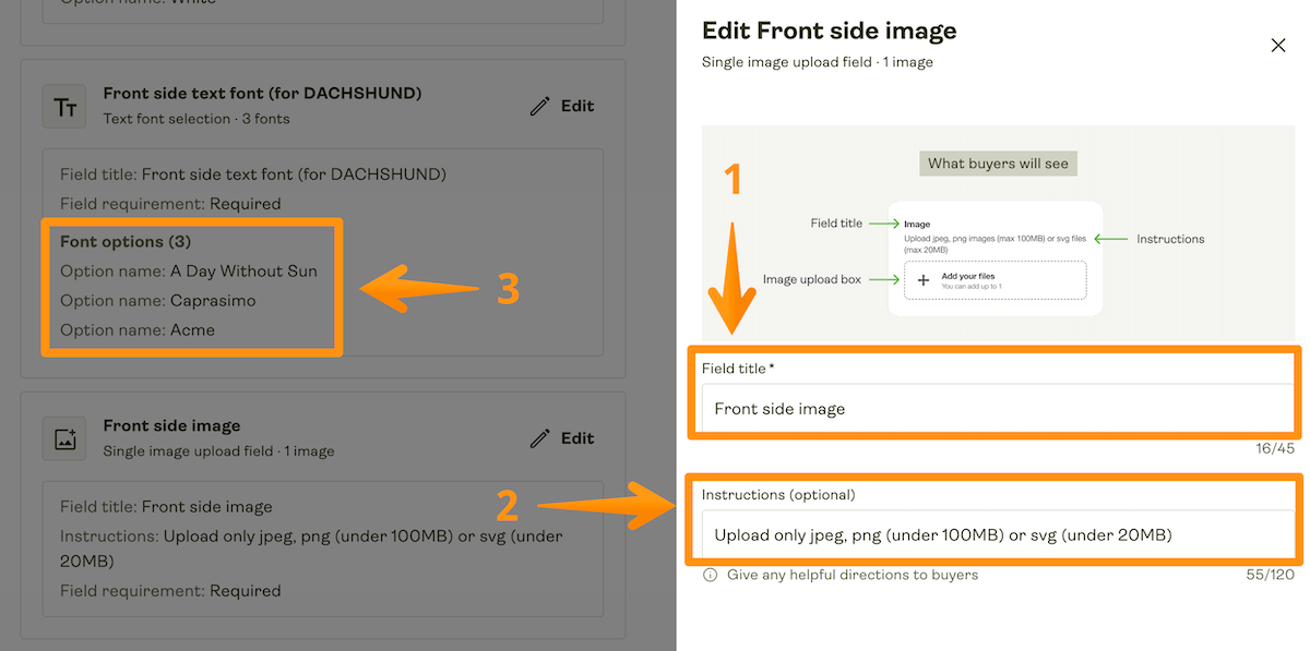 Edit panel for a personalization field with the field title, instructions, and option name settings.