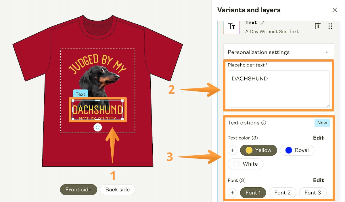 Personalizable text layer in Product Creator with different layer options highlighted.