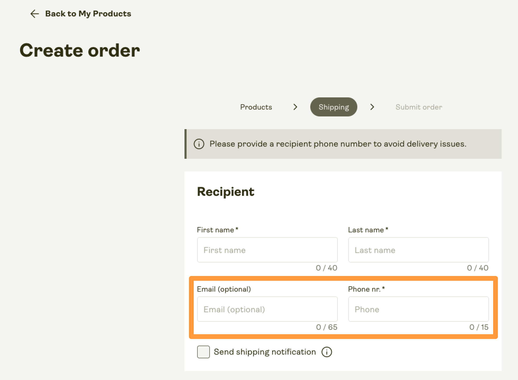 Recipient personal information field when placing a manual order.