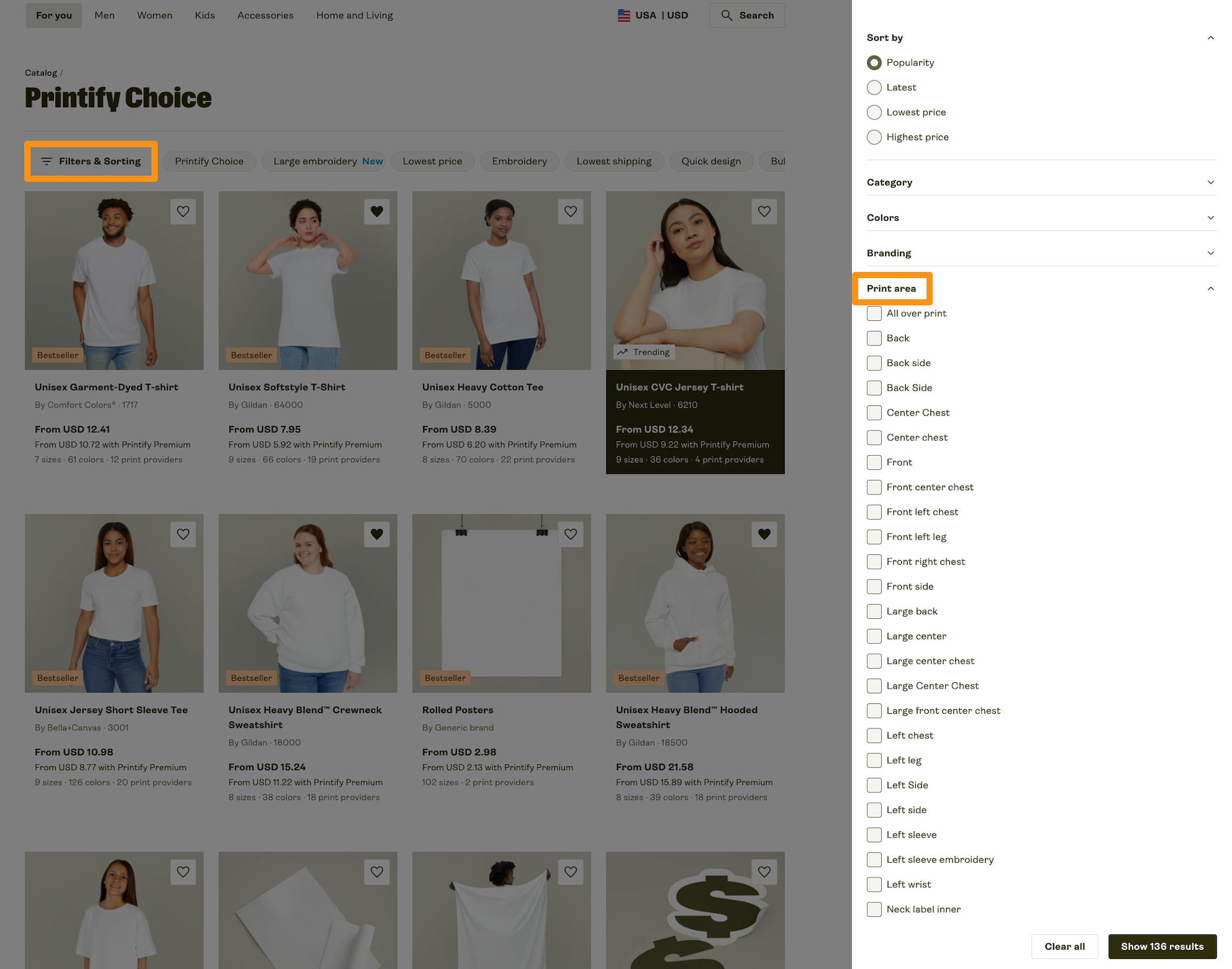Printify Choice Catalog with print area filters displayed on the right side.