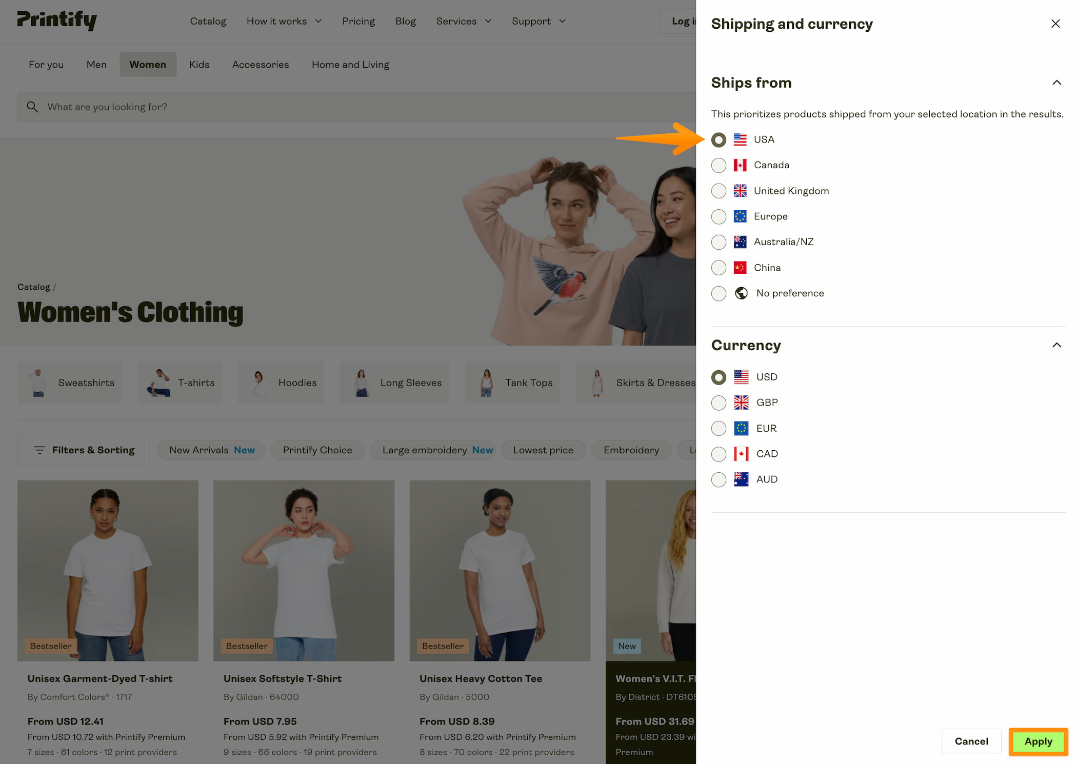 Select “USA” as your “Ship from” region (target market) in the Catalog.