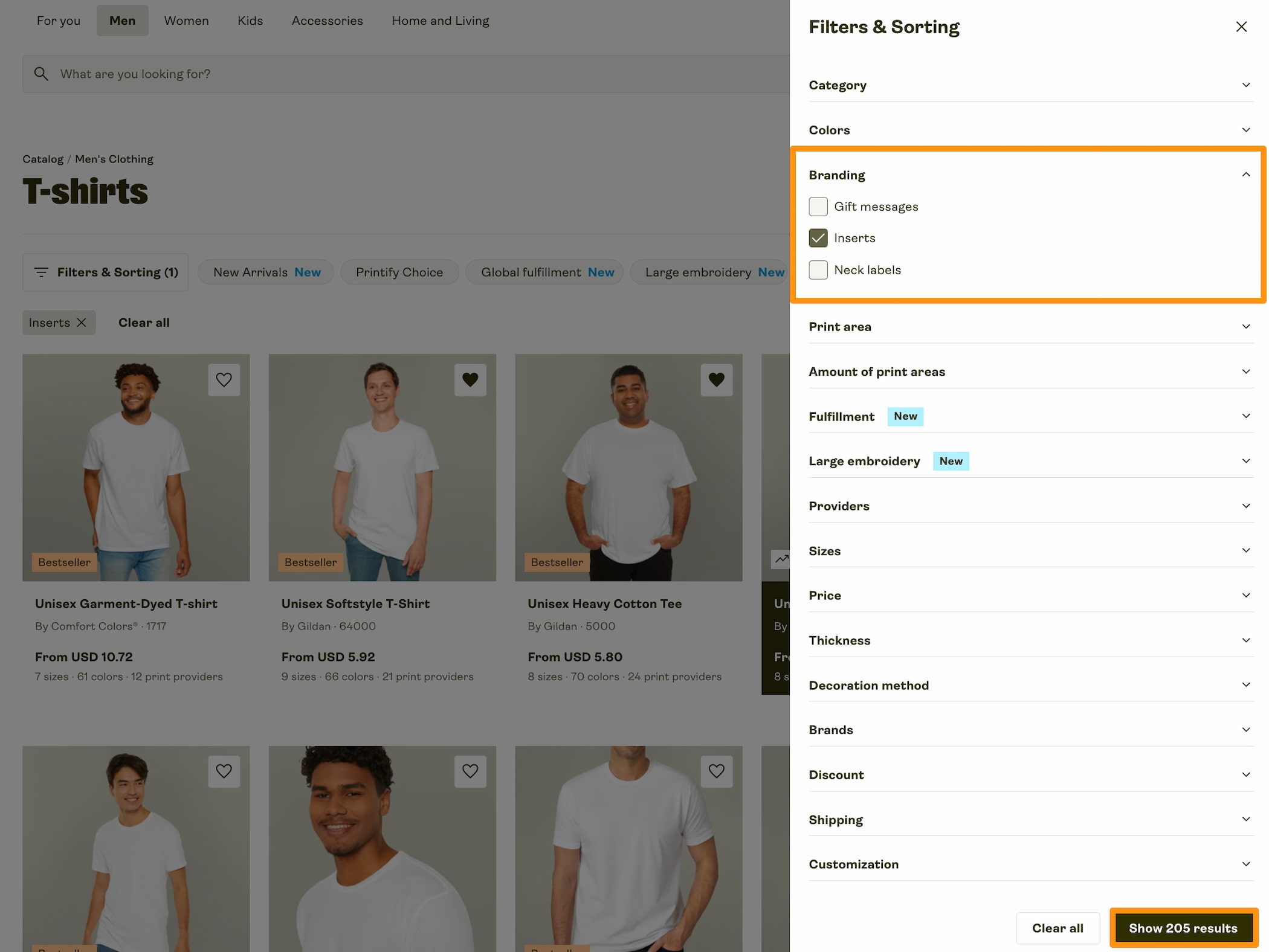 Printify Catalog screenshot showing the Bestsellers page with the ‘Inserts’ branding filter selected and three blank T-shirt product listings displayed.