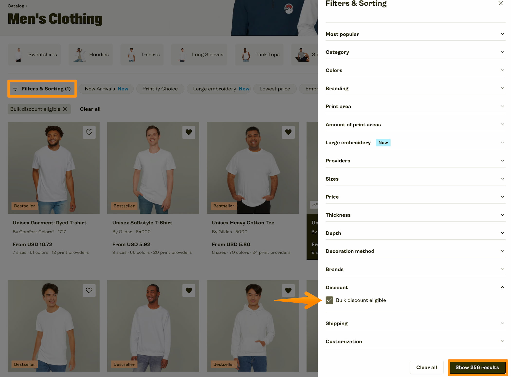 Printify Catalog with Filters menu open and 'Bulk discount eligible' option selected.