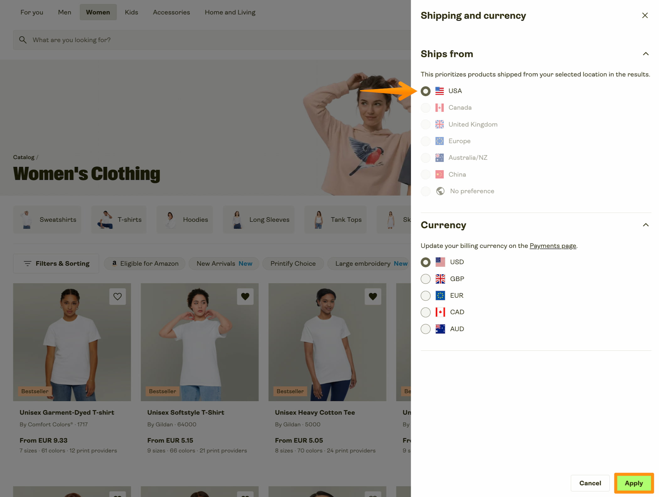 USA target market filter in the Product Catalog.