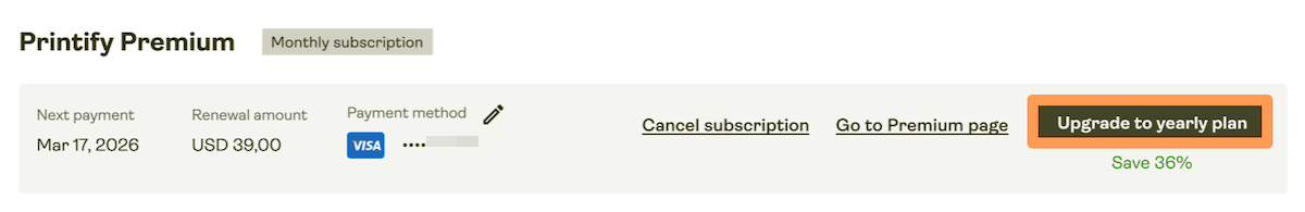 Upgrade to yearly plan button in the Wallet -> Payments page.