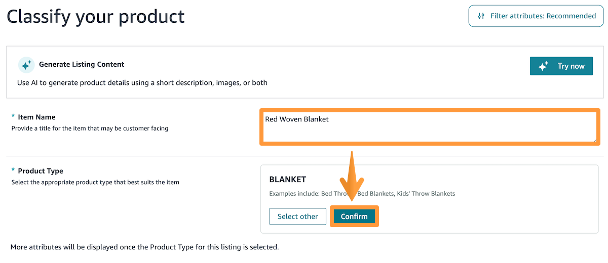 Item Name field and Product Type confirmation when creating an Amazon listing.