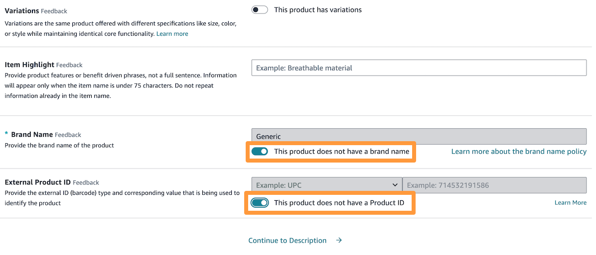 Product Identity step with This product does not have a brand name and a Product ID checkboxes ticked.