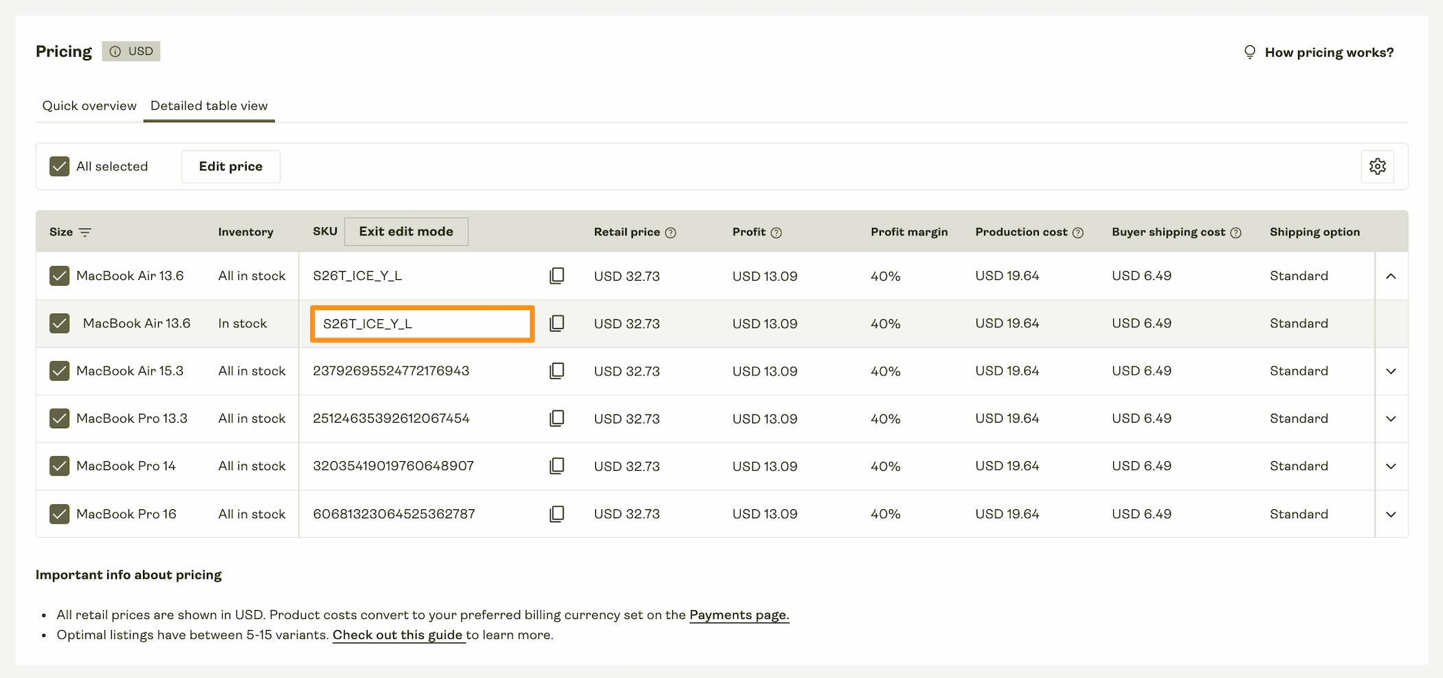 A screenshot of the Printify product pricing table showing a custom SKU field highlighted in orange.