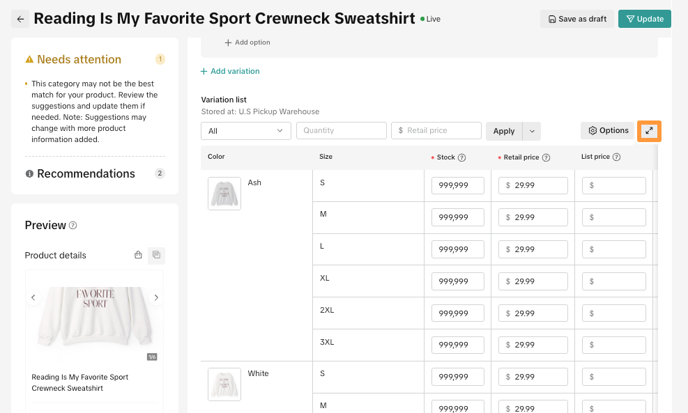 Product variation list for "Reading Is My Favorite Sport Crewneck Sweatshirt" showing stock, retail price, and list price fields for each color/size combination, with an expand icon highlighted in the top right.