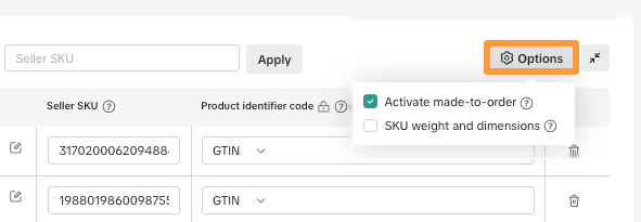 Seller SKU table view with the "Options" dropdown open, highlighting a checked "Activate made-to-order" checkbox alongside an unchecked "SKU weight and dimensions" option.