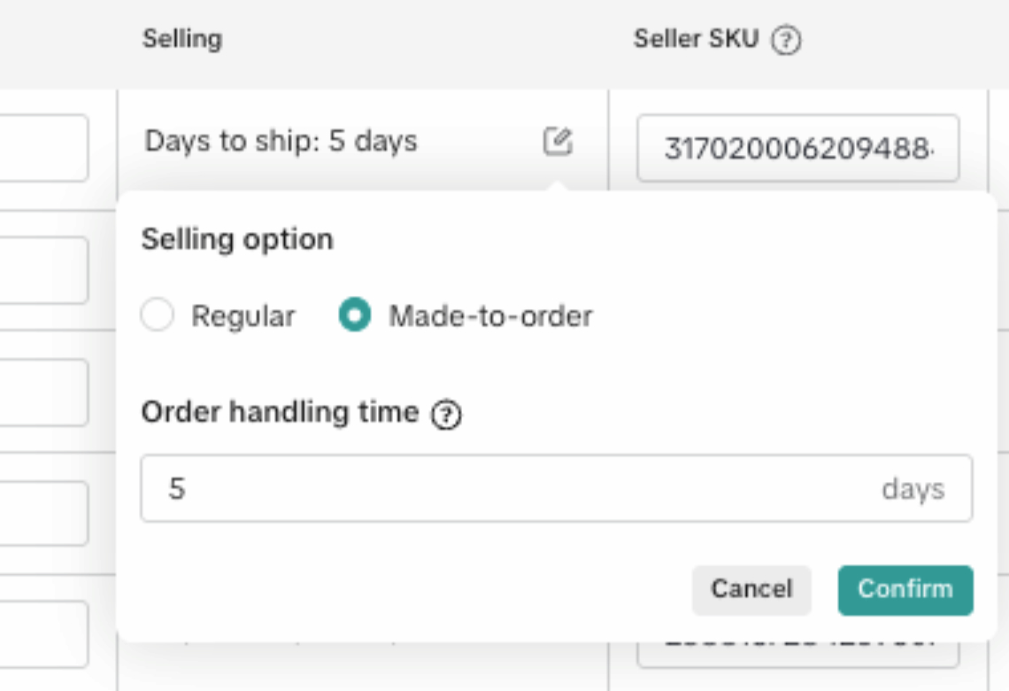 Selling option popup showing "Made-to-order" selected with an order handling time of 5 days, alongside Cancel and Confirm buttons.
