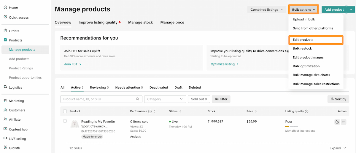 Manage products page showing the "Bulk actions" dropdown menu open, with "Edit products" option highlighted among choices like Upload in bulk, Sync from other platforms, Bulk restock, and more.