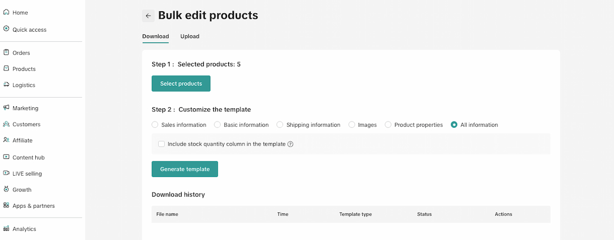 "Bulk edit products" screen with 5 products selected and template customization options (Sales information, Basic information, Shipping information, Images, Product properties, All information) before generating a download template.
