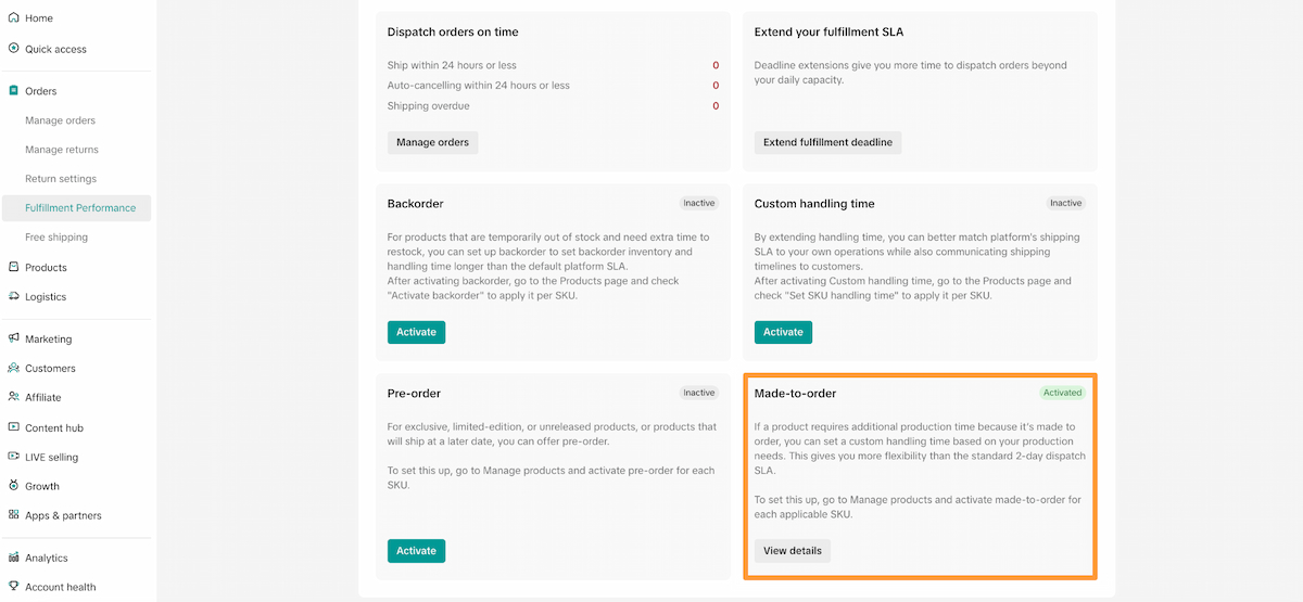 TikTok Shop Fulfillment Performance page displaying cards for dispatch timing, fulfillment SLA extension, backorder, pre-order, and custom handling time, with the "Made-to-order" card highlighted showing it is activated.