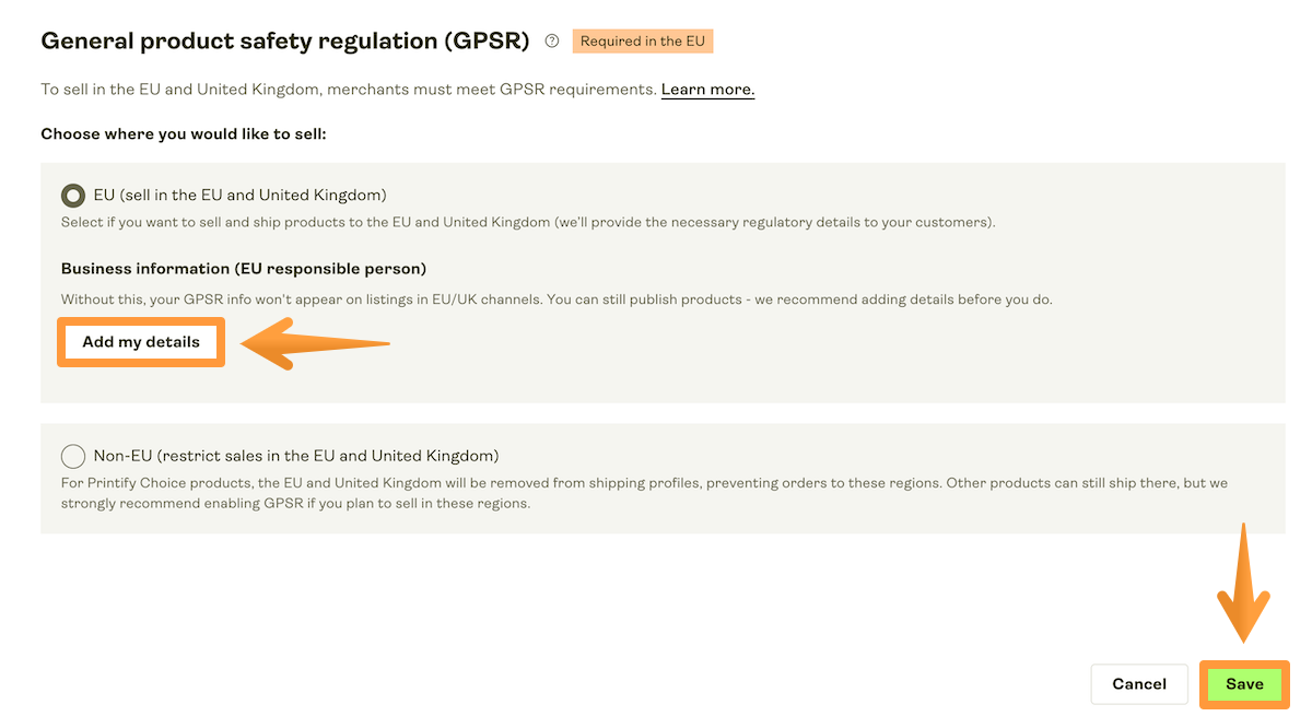 Printify Dashboard Store settings, Store details highlighting the GPSR settings.