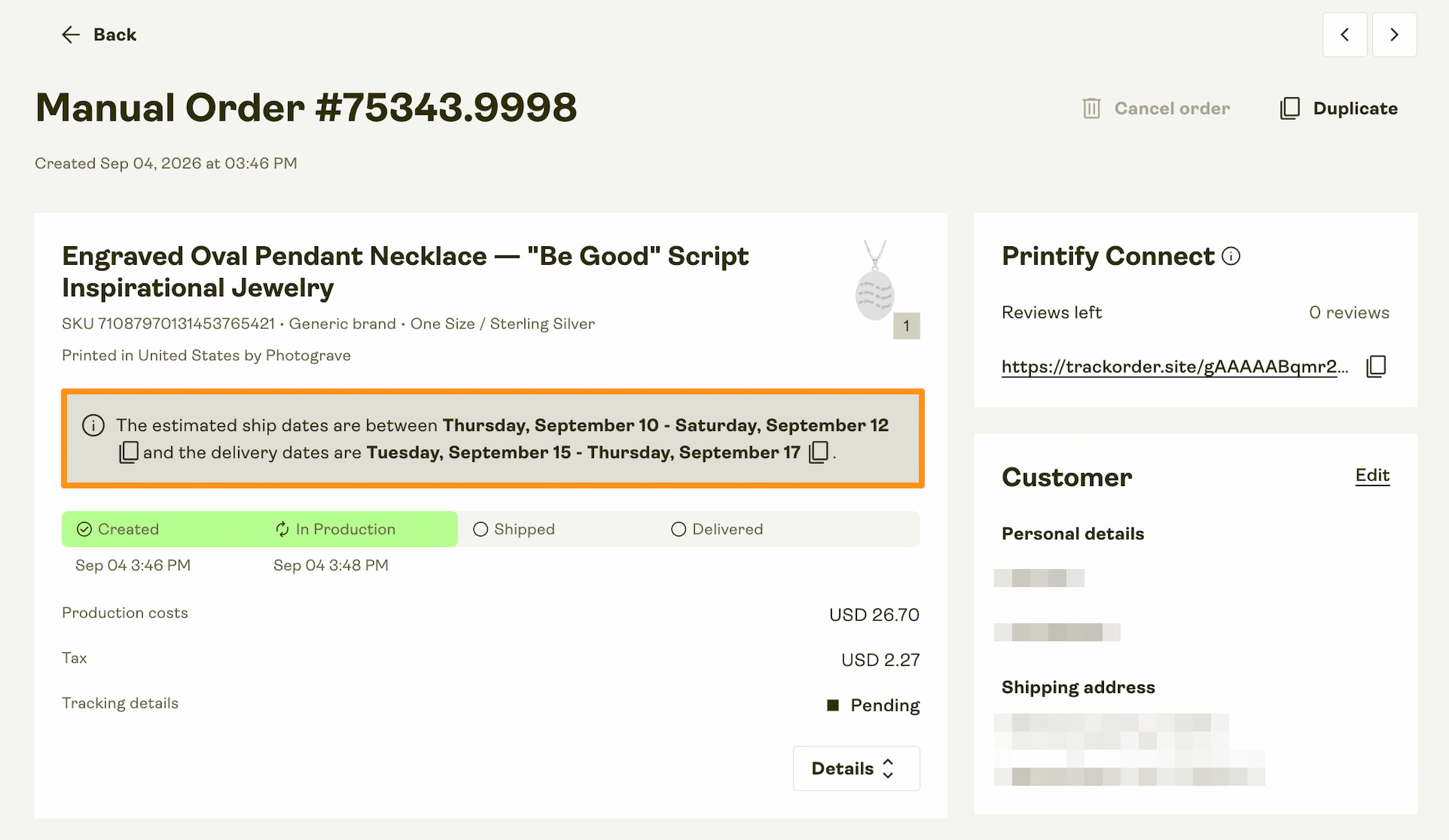 The estimated shipment date is shown within the order.