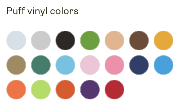 Available puff print colors in Product Creator.