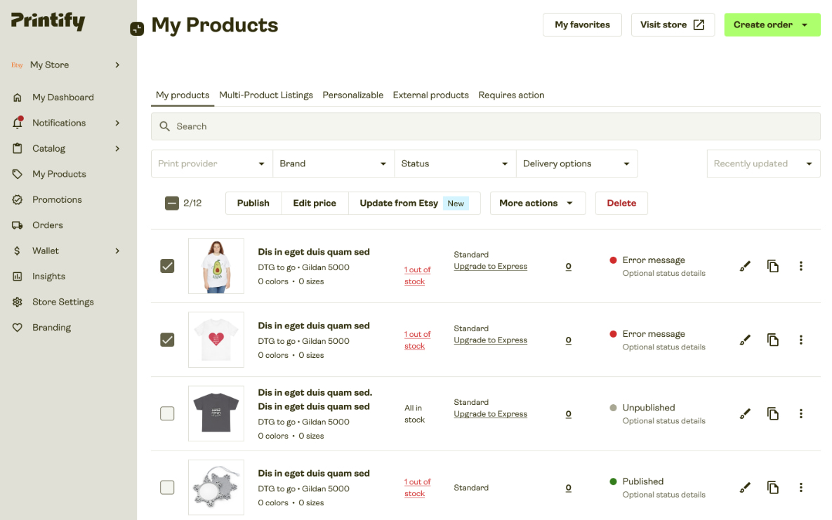 Printify’s My Products page with the “Update from Etsy” button in the bulk actions bar.