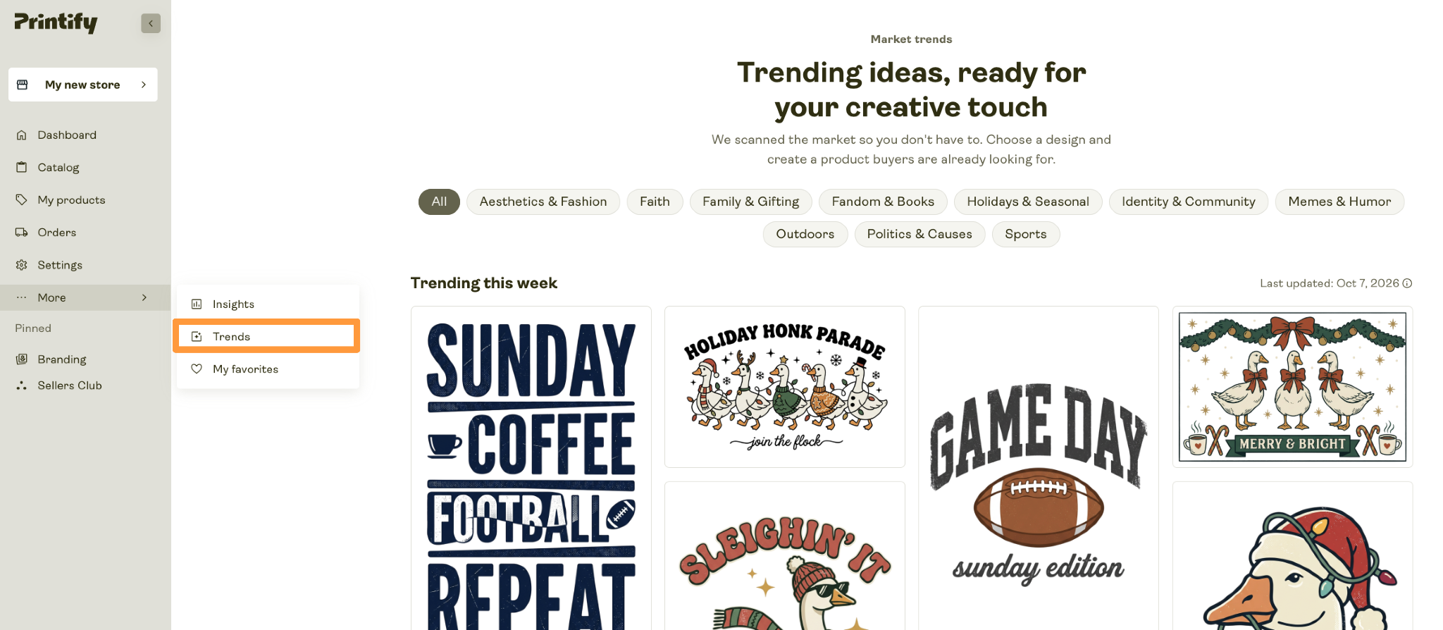 Printify Dashboard highlighting the Trends page button, with the Trends page open in the background.