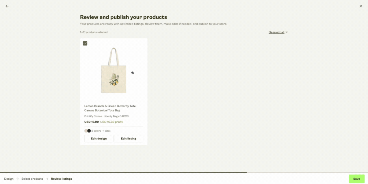 Printify Choice products previewed with a Trends design and the Edit products and publish button.