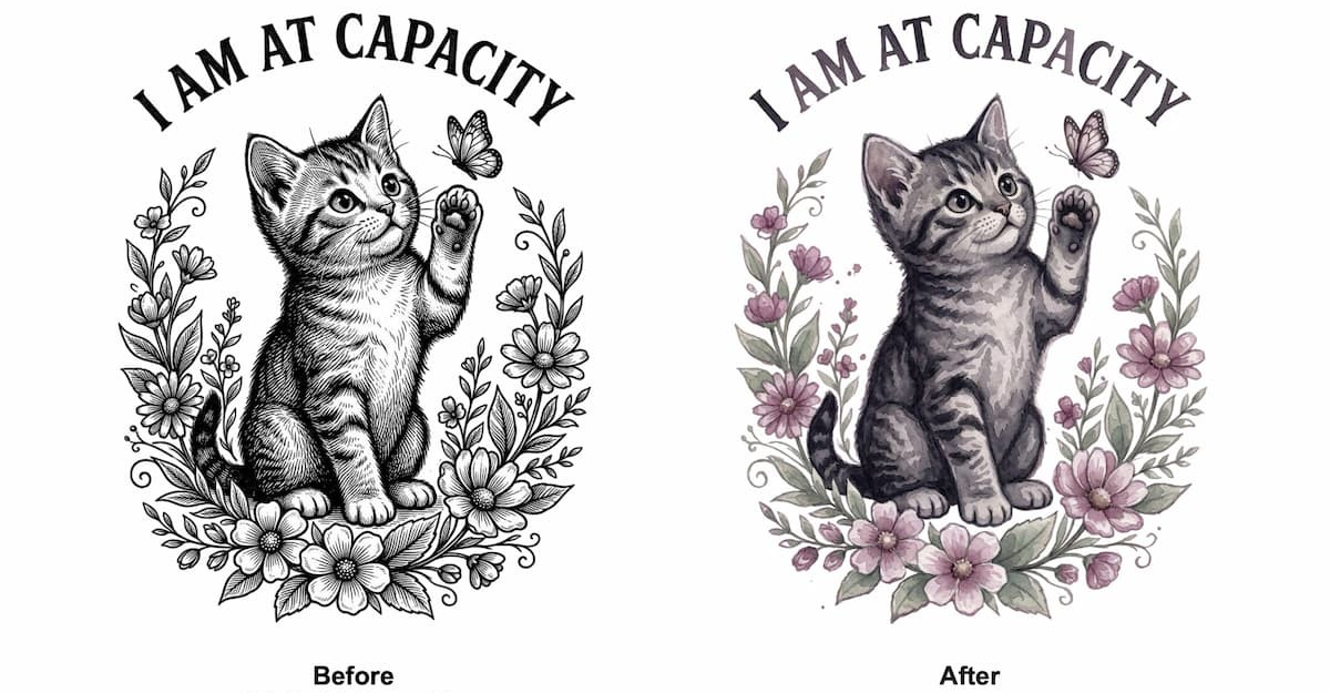 Black-and-white kitten and flower design restyled as a soft watercolor painting.