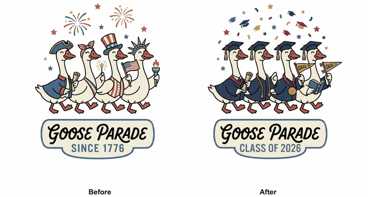 Goose Parade design with Fourth of July geese edited into graduating geese for the Class of 2026.