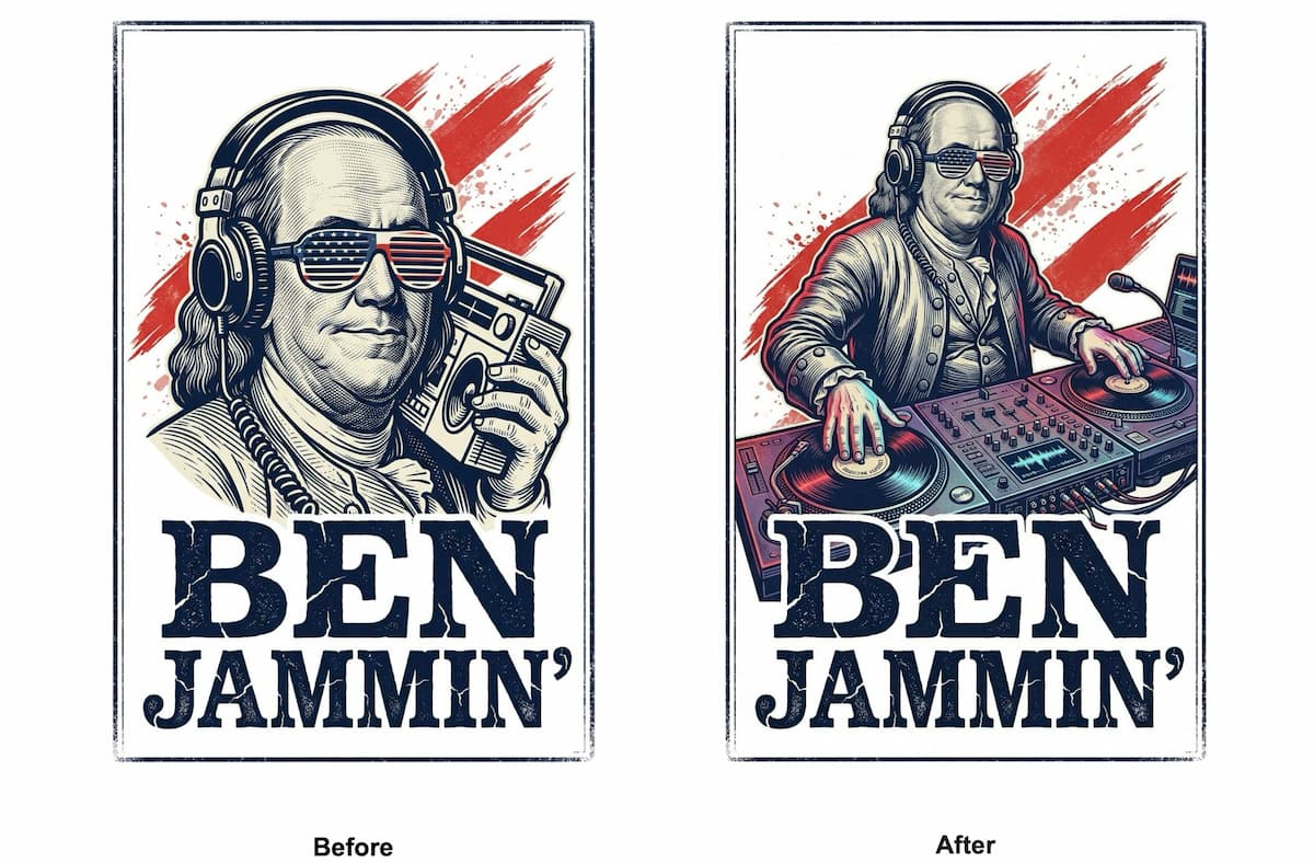 Ben Franklin design with a boombox edited so he’s mixing tracks at a DJ deck.