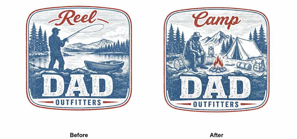 Fishing-themed Reel Dad Outfitters badge edited into a camping-themed Camp Dad Outfitters badge.