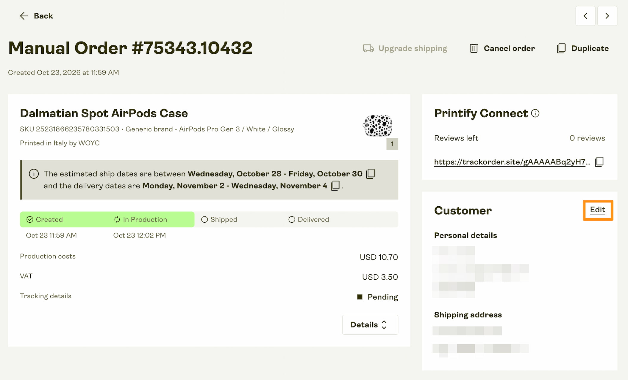 Edit customer details.